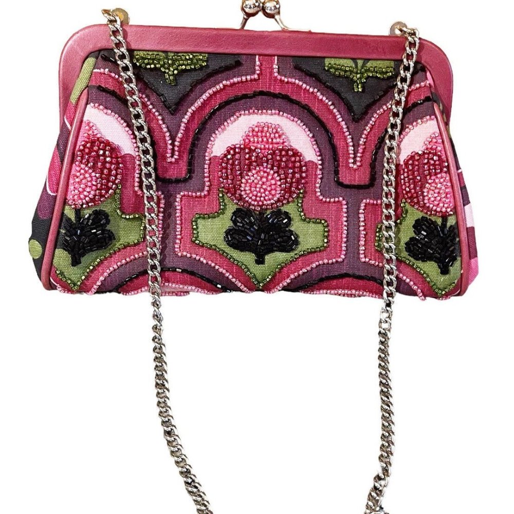 Isabella Fiore Pink/Green Beaded Tulip Flower Kiss Lock Bag Purse Chain Strap
